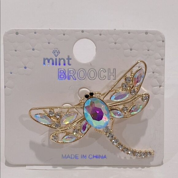 Mint Accessories - Gold Dragonfly Brooch With Beautiful Clear Blue & Purple Pink Tones